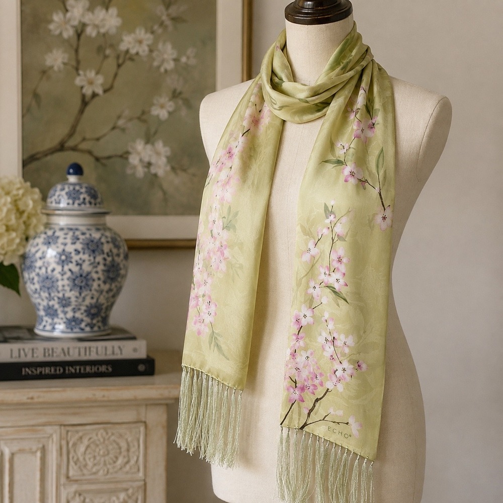 Echo Scarf Women Pastel Green Cherry Blossom Floral Fringed Silky Oblong 6x80